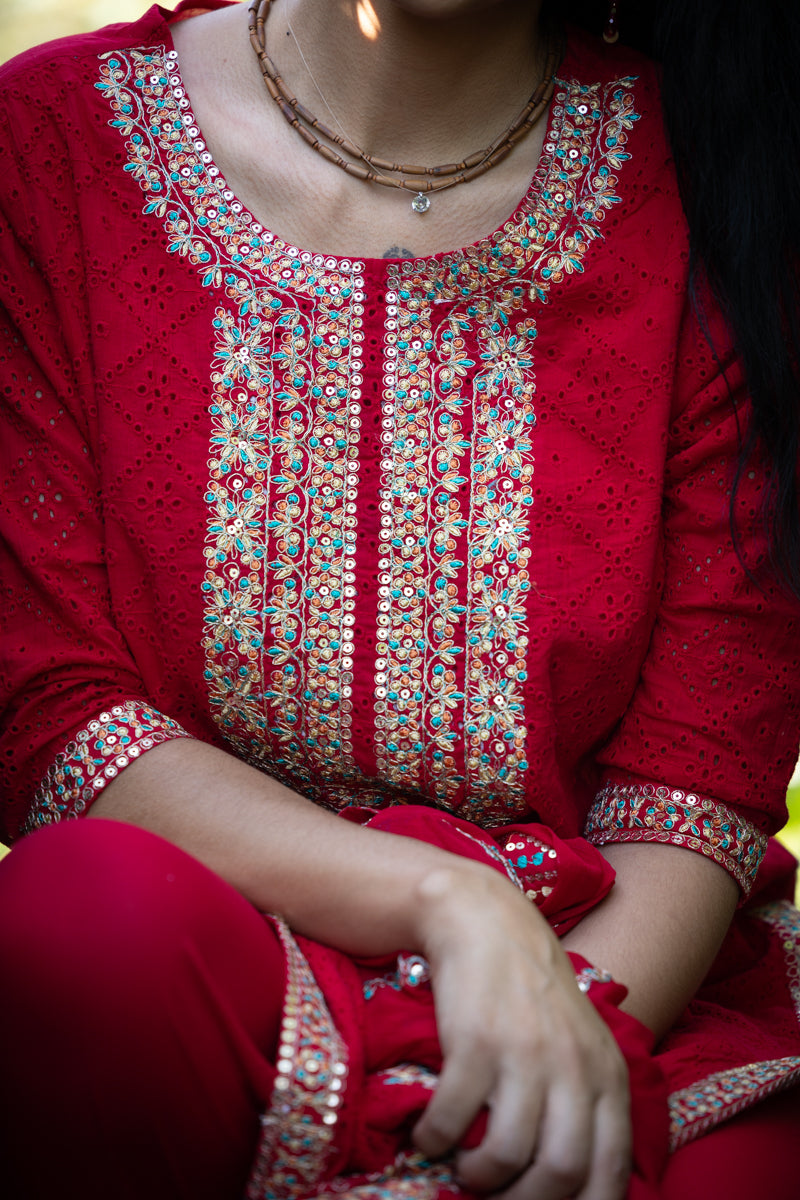 Embroidered Anarkali Kurti With Pants & Dupatta - Red