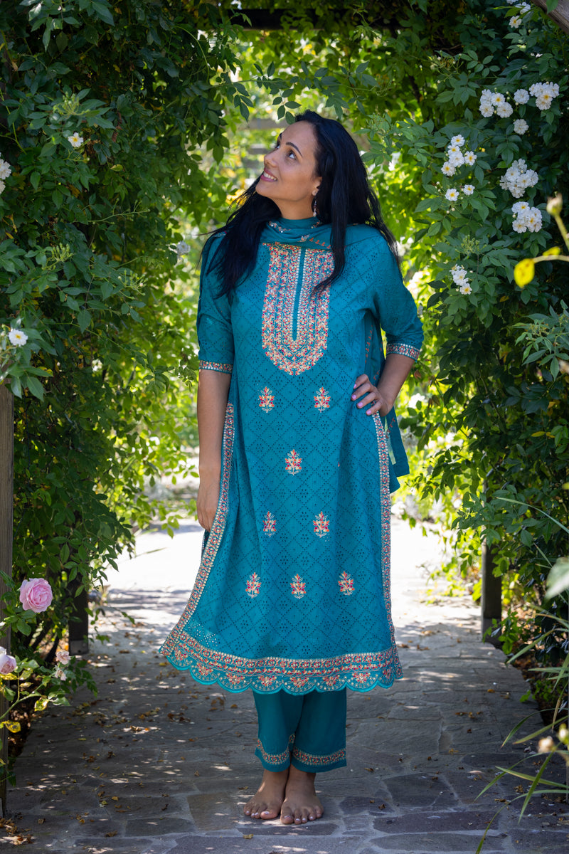 Embroidered Anarkali Kurti With Pants & Dupatta - Green