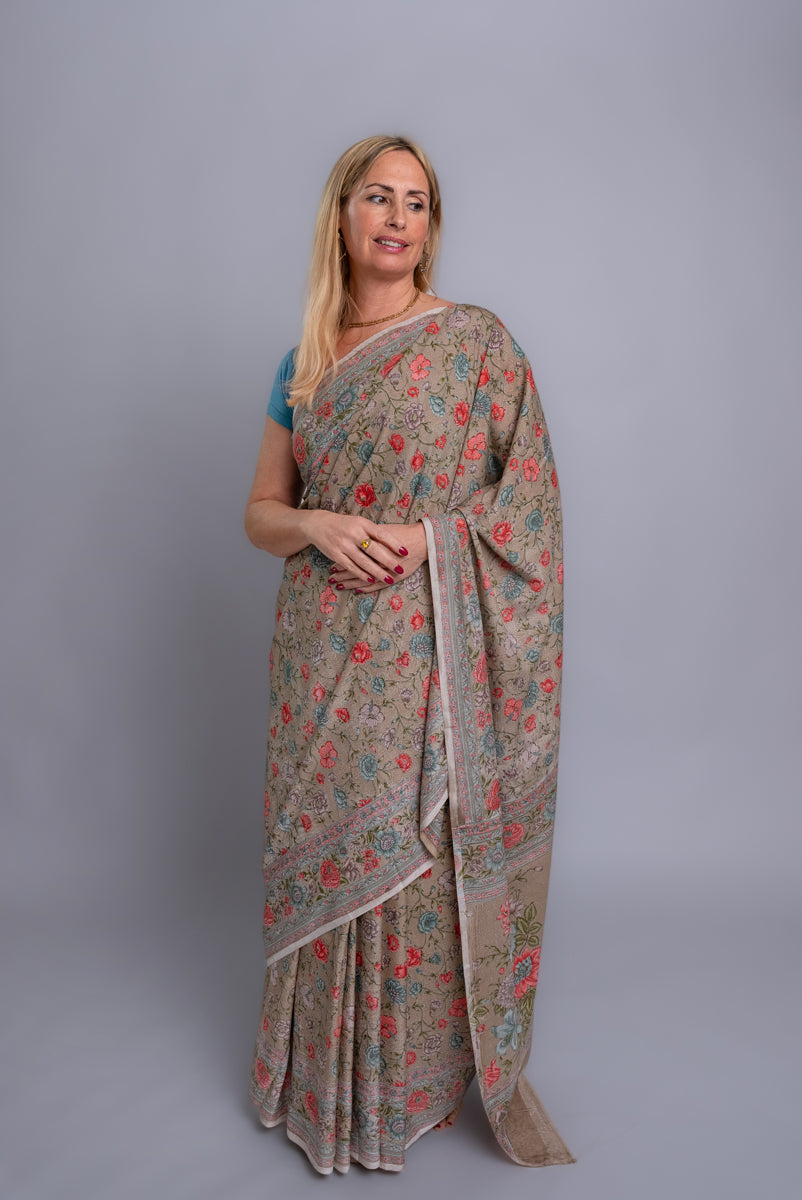 Pastel Brown Poly Crepe Silk Saree