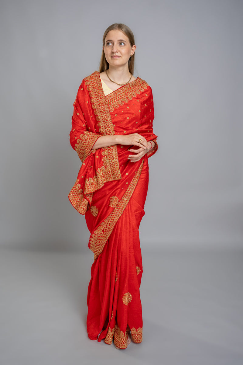 Red Chinon Silk Saree