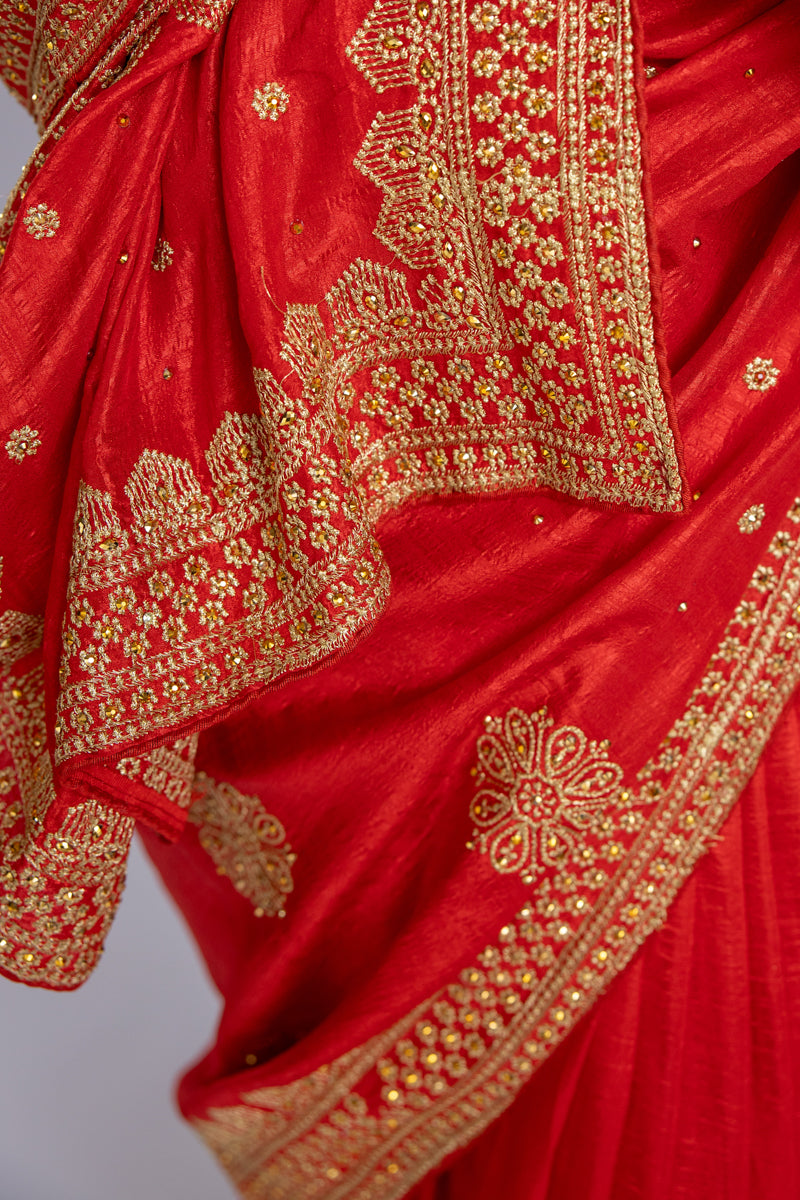 Red Chinon Silk Saree