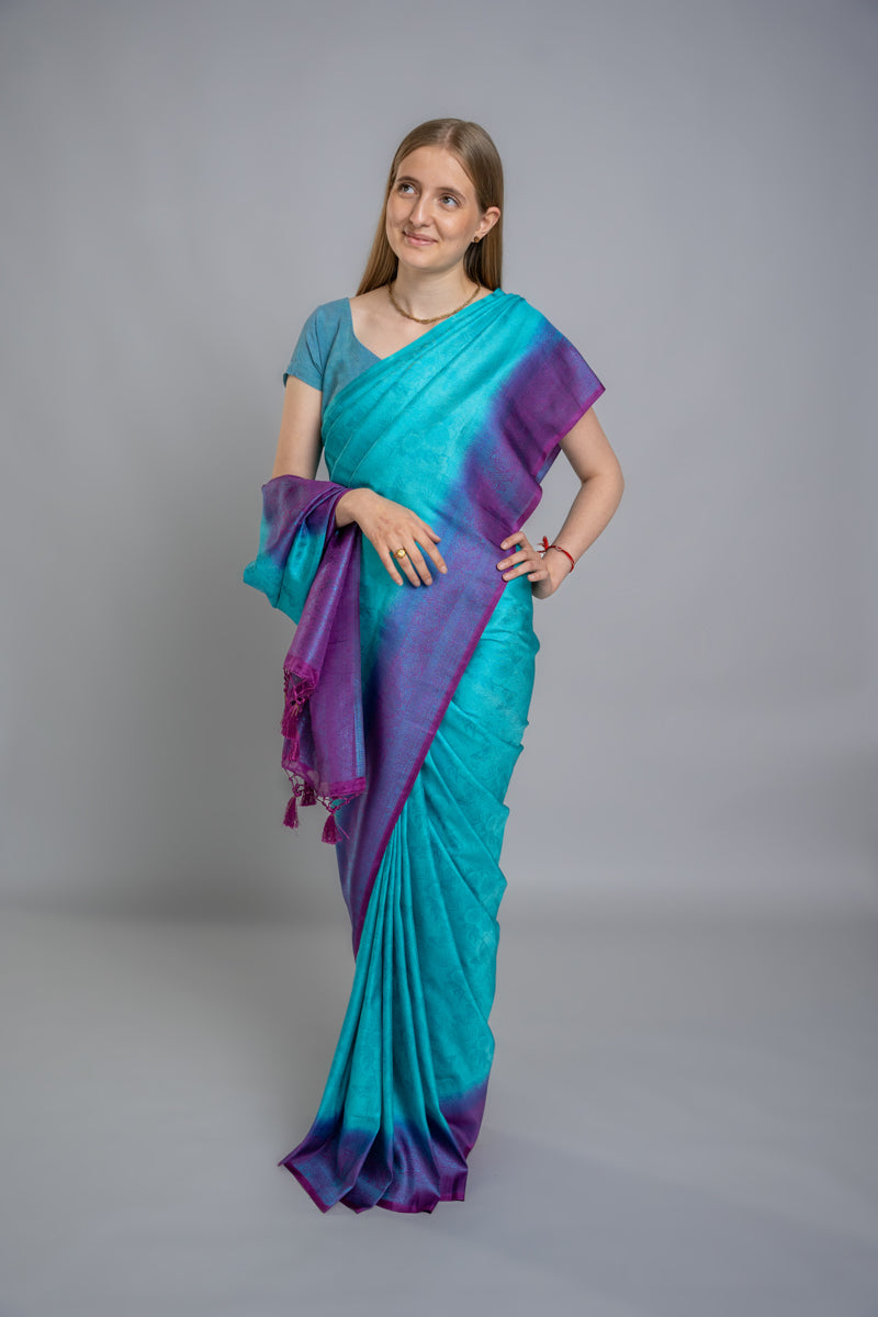 Sari in seta Banarasi blu acquamarina e viola