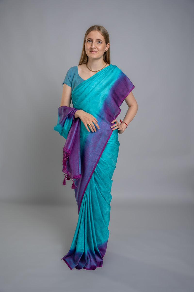 Sari in seta Banarasi blu acquamarina e viola