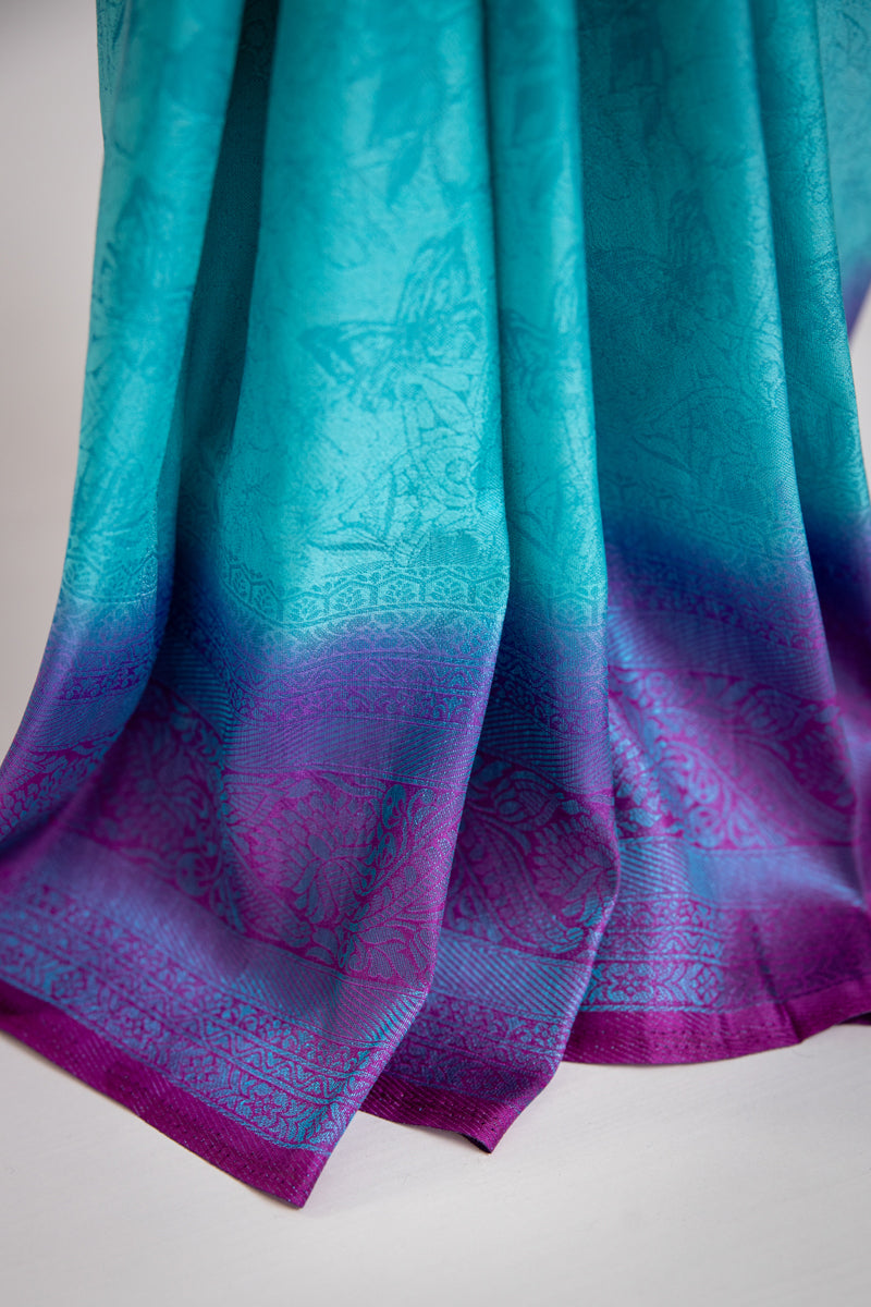 Sari in seta Banarasi blu acquamarina e viola