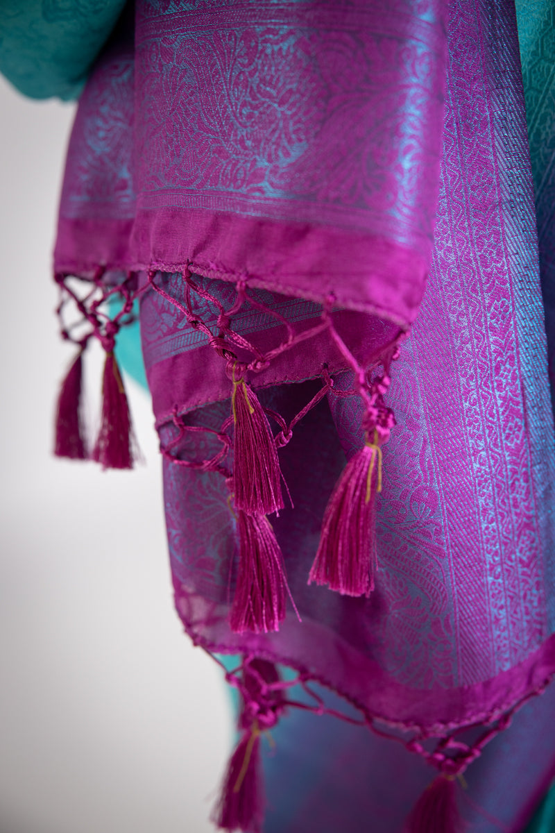 Sari in seta Banarasi blu acquamarina e viola