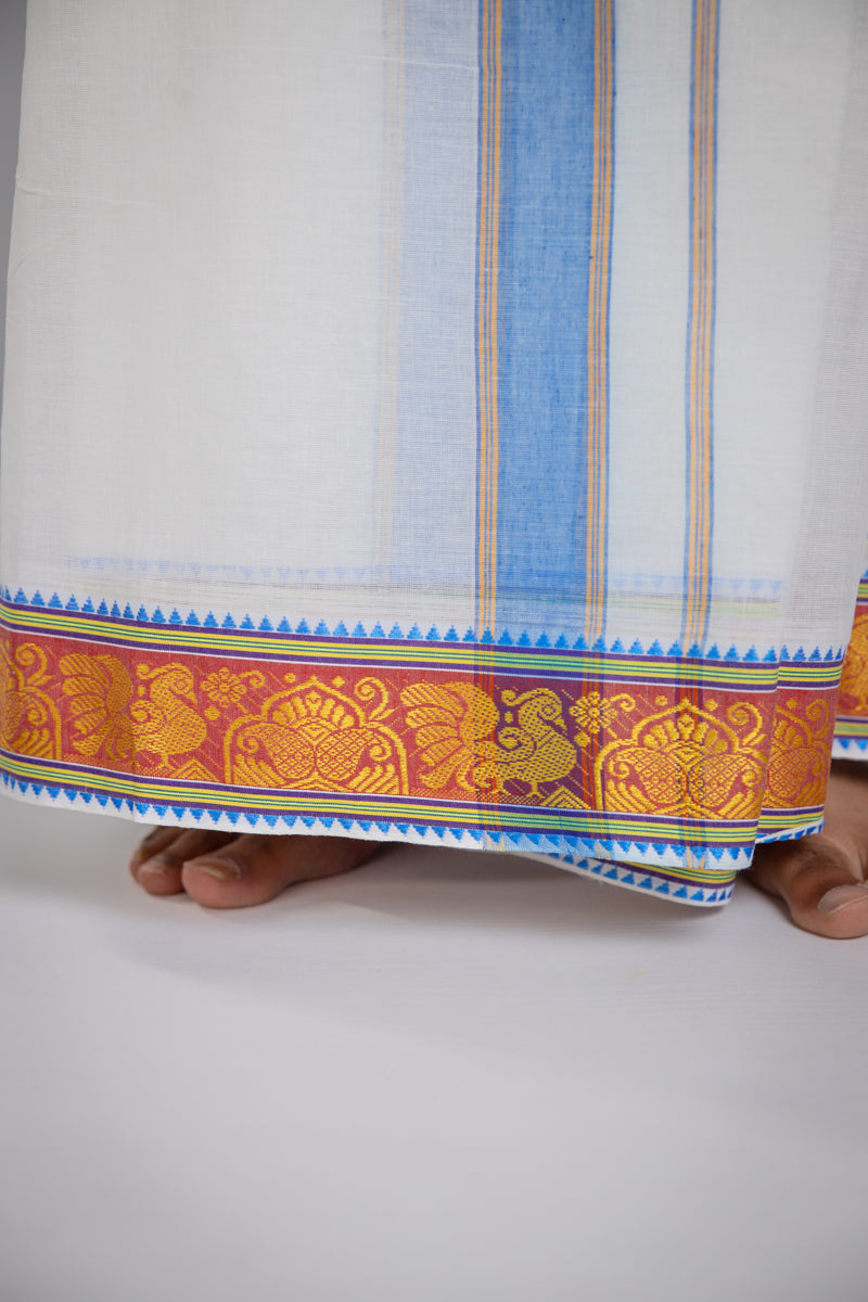 White Dhoti With Colour Stripe Border
