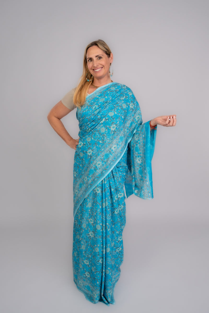 Turquoise Blue Poly Crepe Silk Saree
