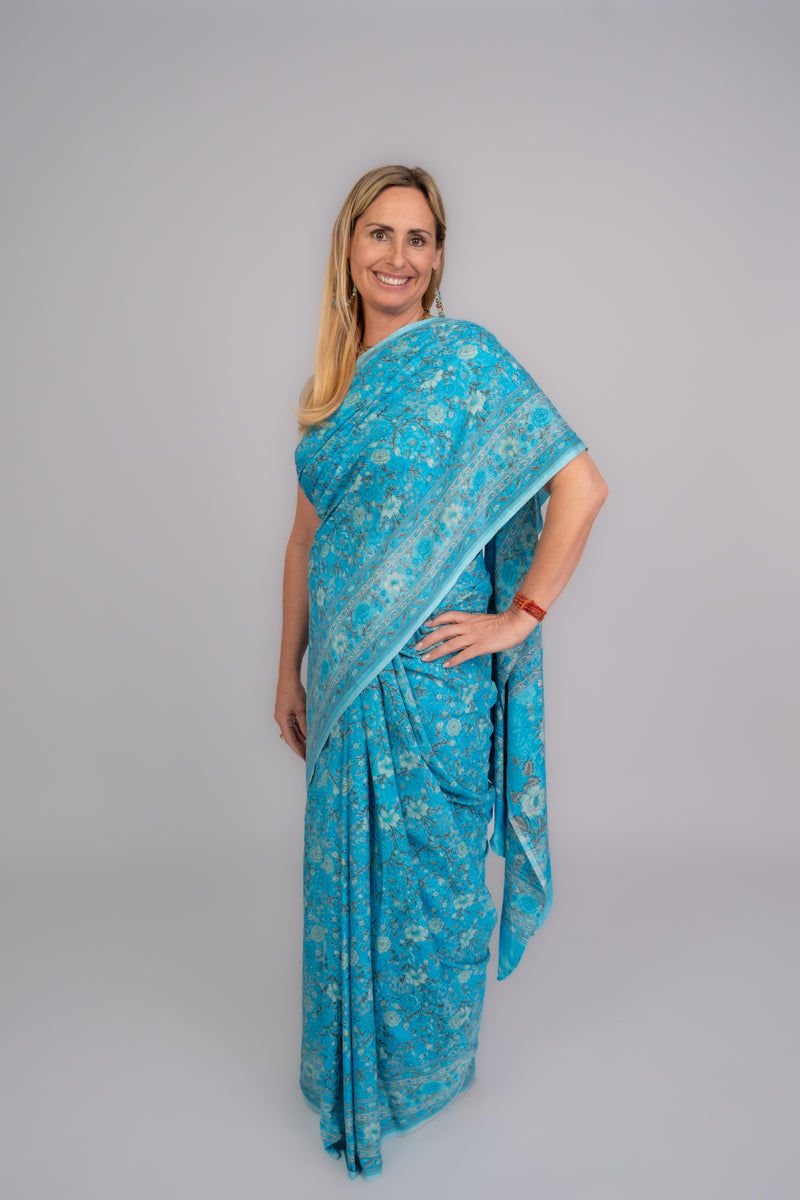 Turquoise Blue Poly Crepe Silk Saree