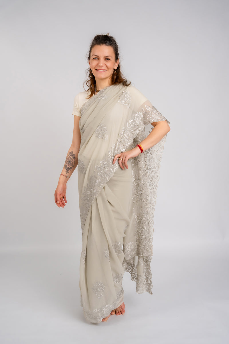 Cloudy Grey Embroidered Georgette Saree