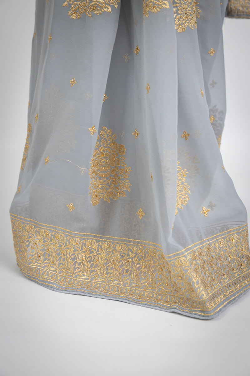 Silver Grey Chinon Silk Saree