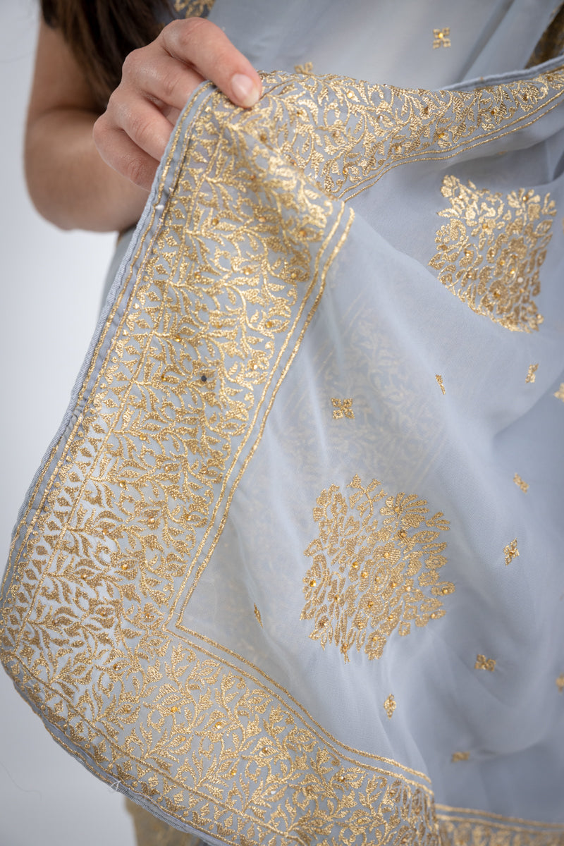 Silver Grey Chinon Silk Saree