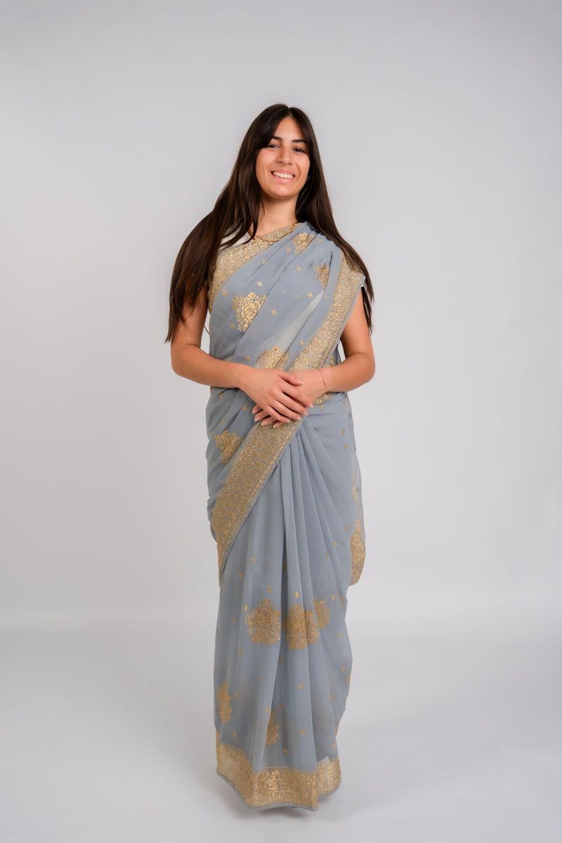 Silver Grey Chinon Silk Saree