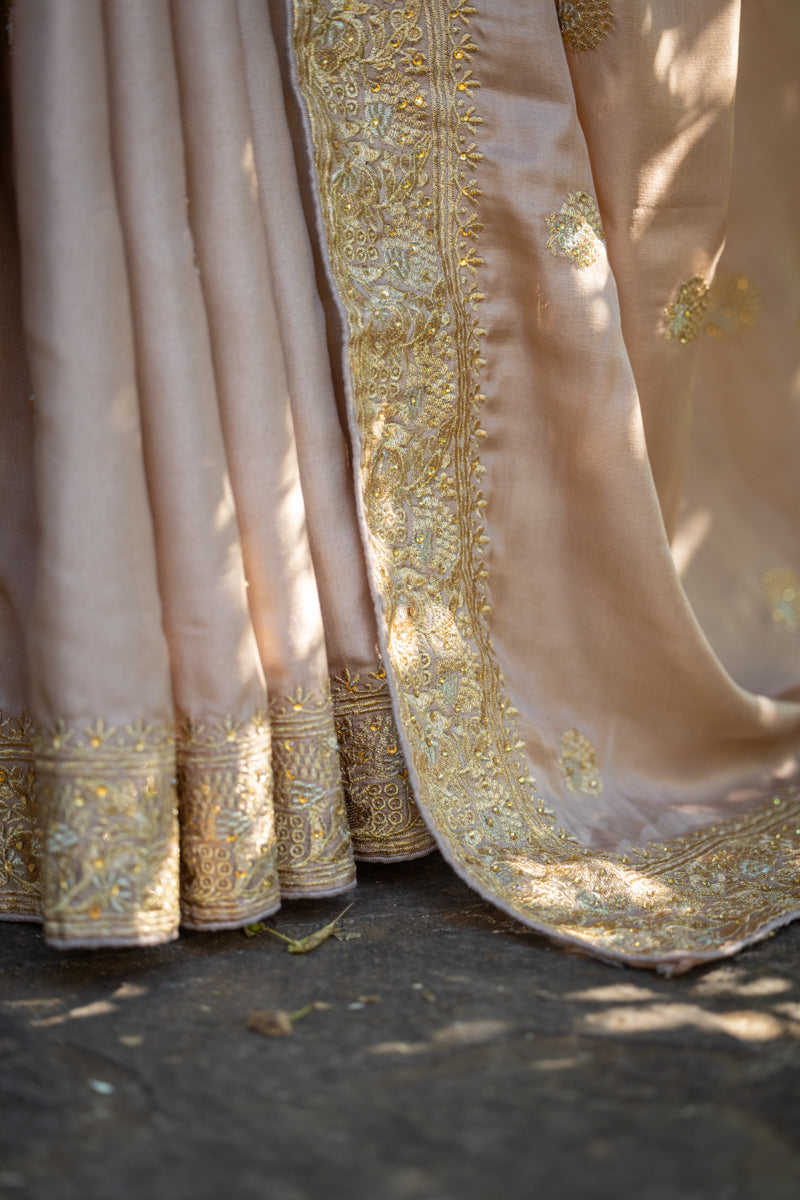 Rosy Tan Chinon Silk Saree