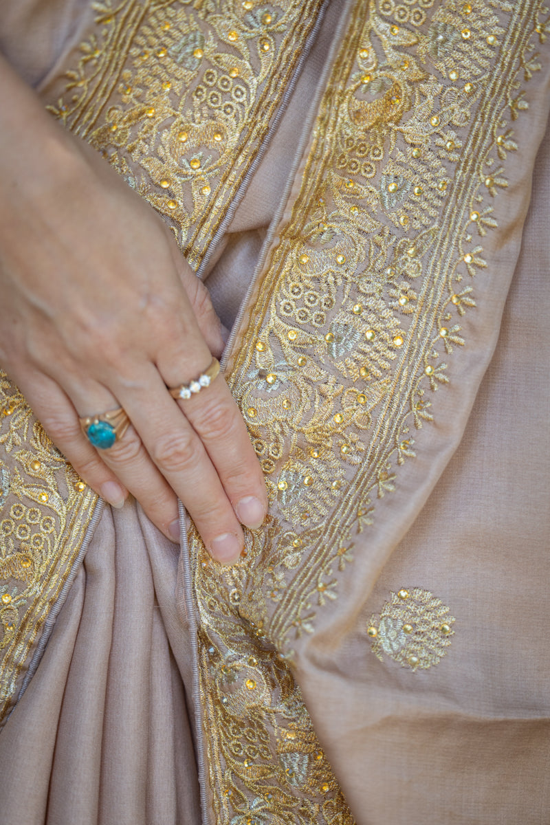 Rosy Tan Chinon Silk Saree