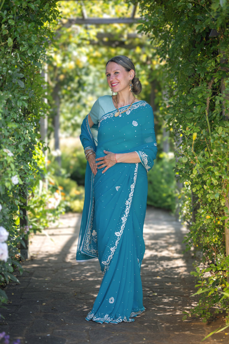 Sari in georgette ricamato blu azzurro