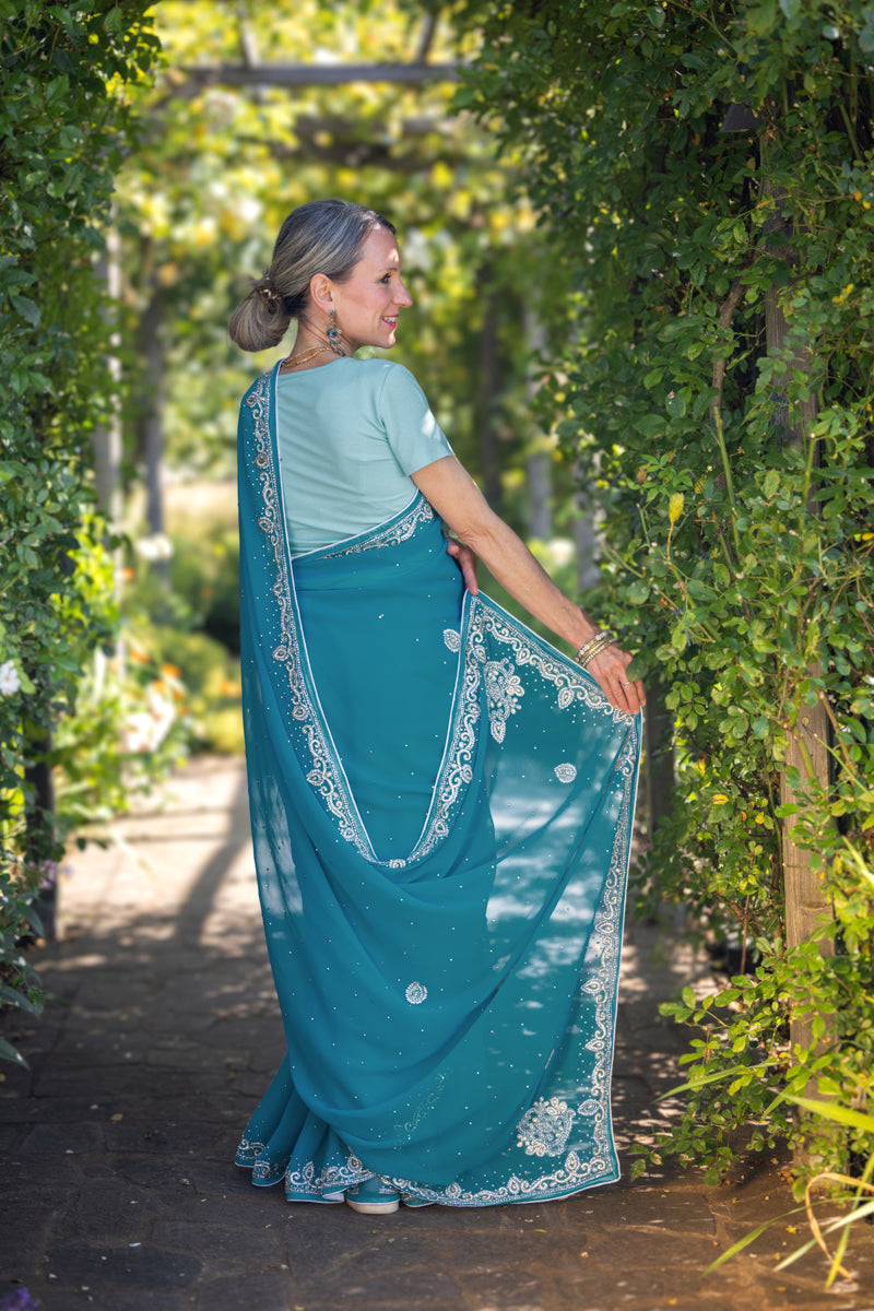 Sari in georgette ricamato blu azzurro
