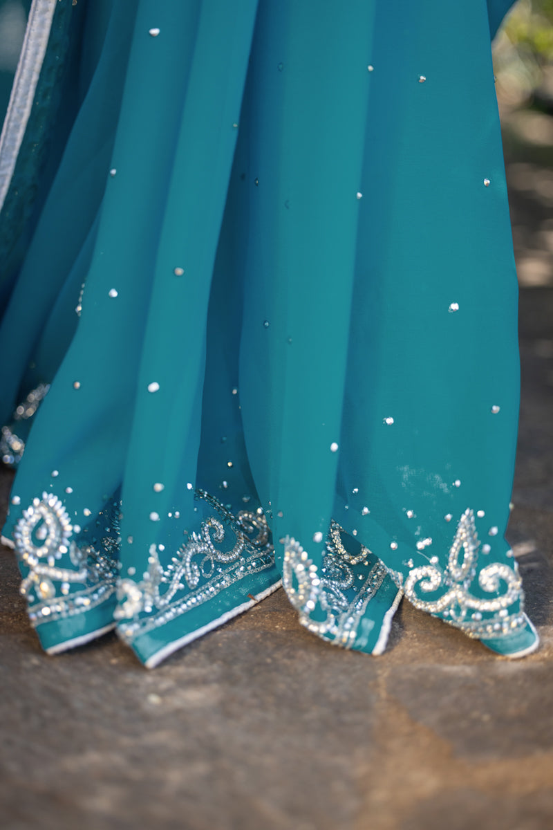 Sari in georgette ricamato blu azzurro