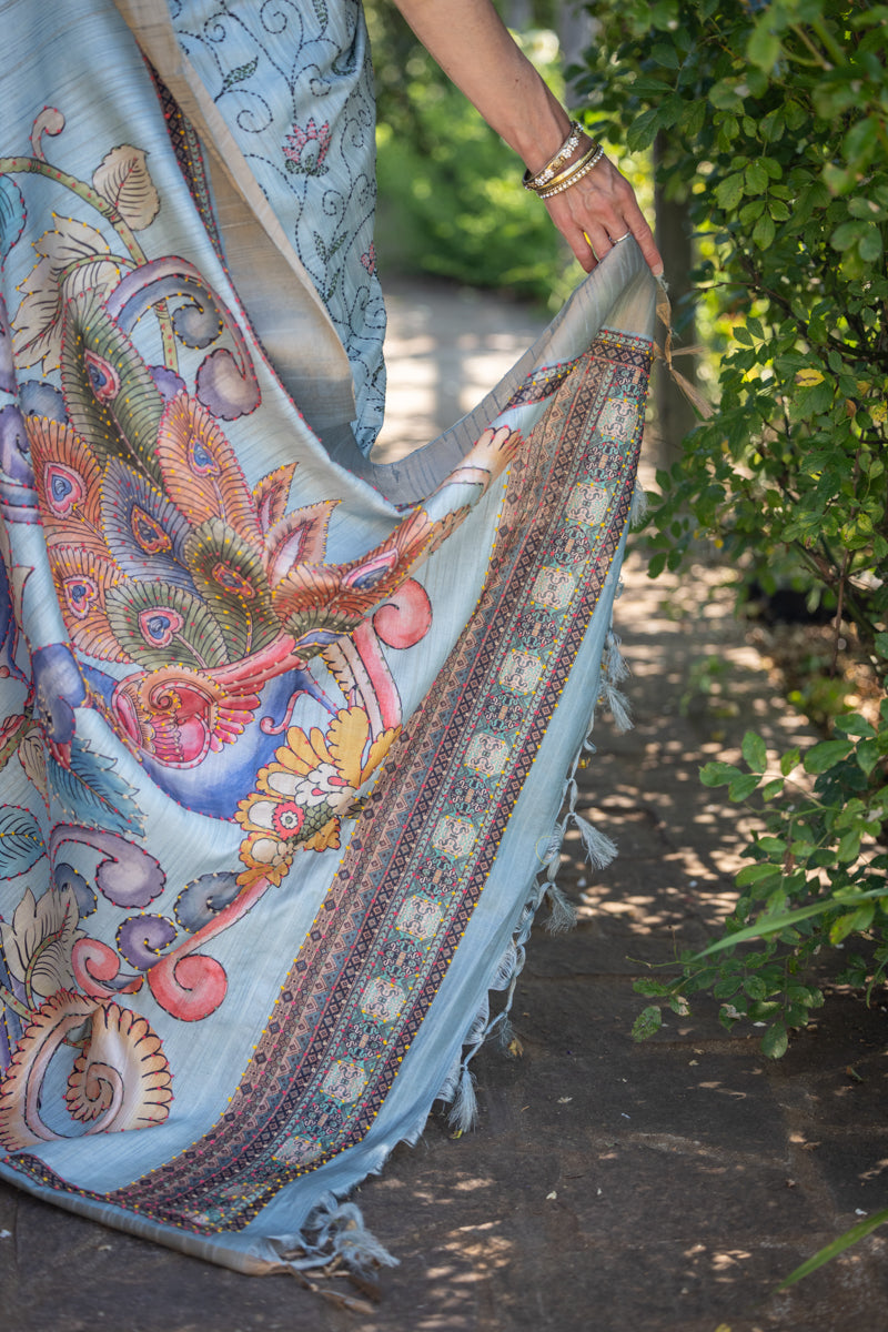 Wedgewood Grey Crepe Cotton Saree con stampa digitale
