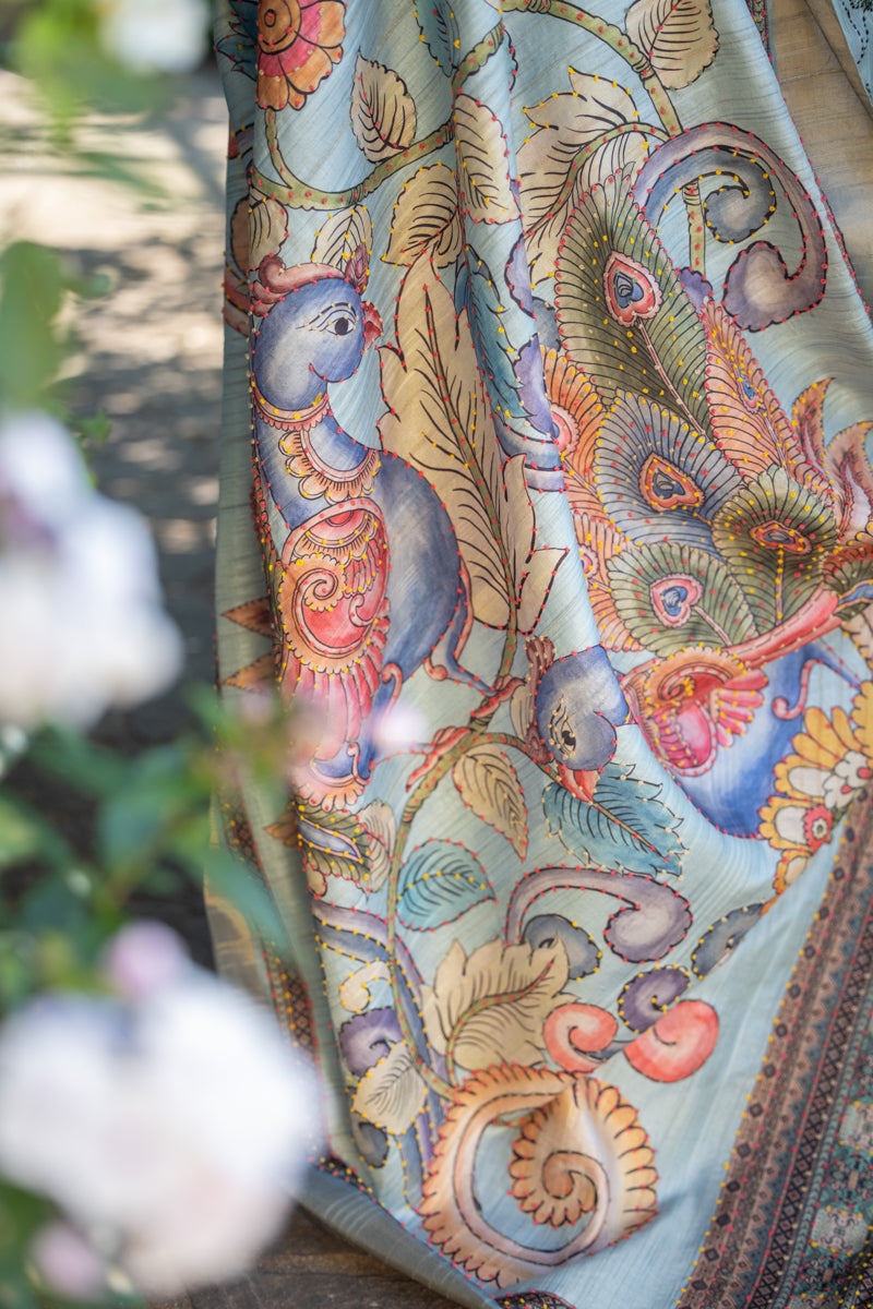 Wedgewood Grey Crepe Cotton Saree con stampa digitale