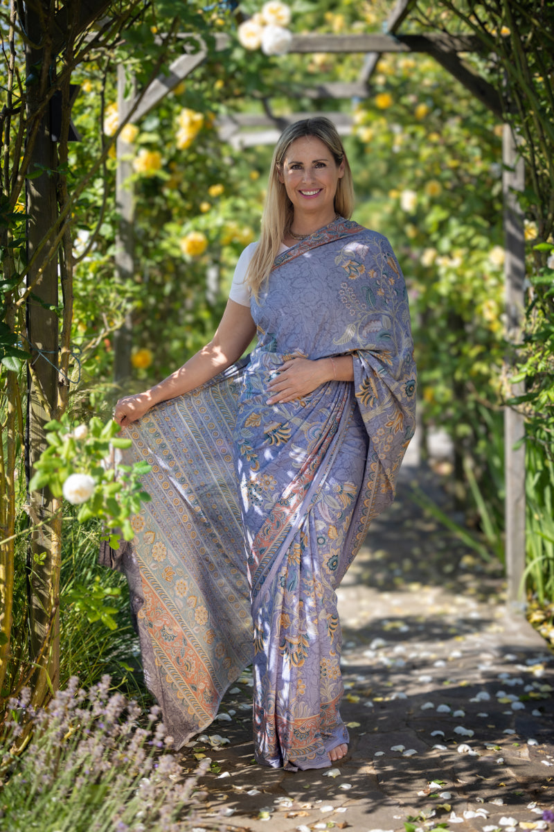 Blue-Grey Poly Crepe Silk Saree