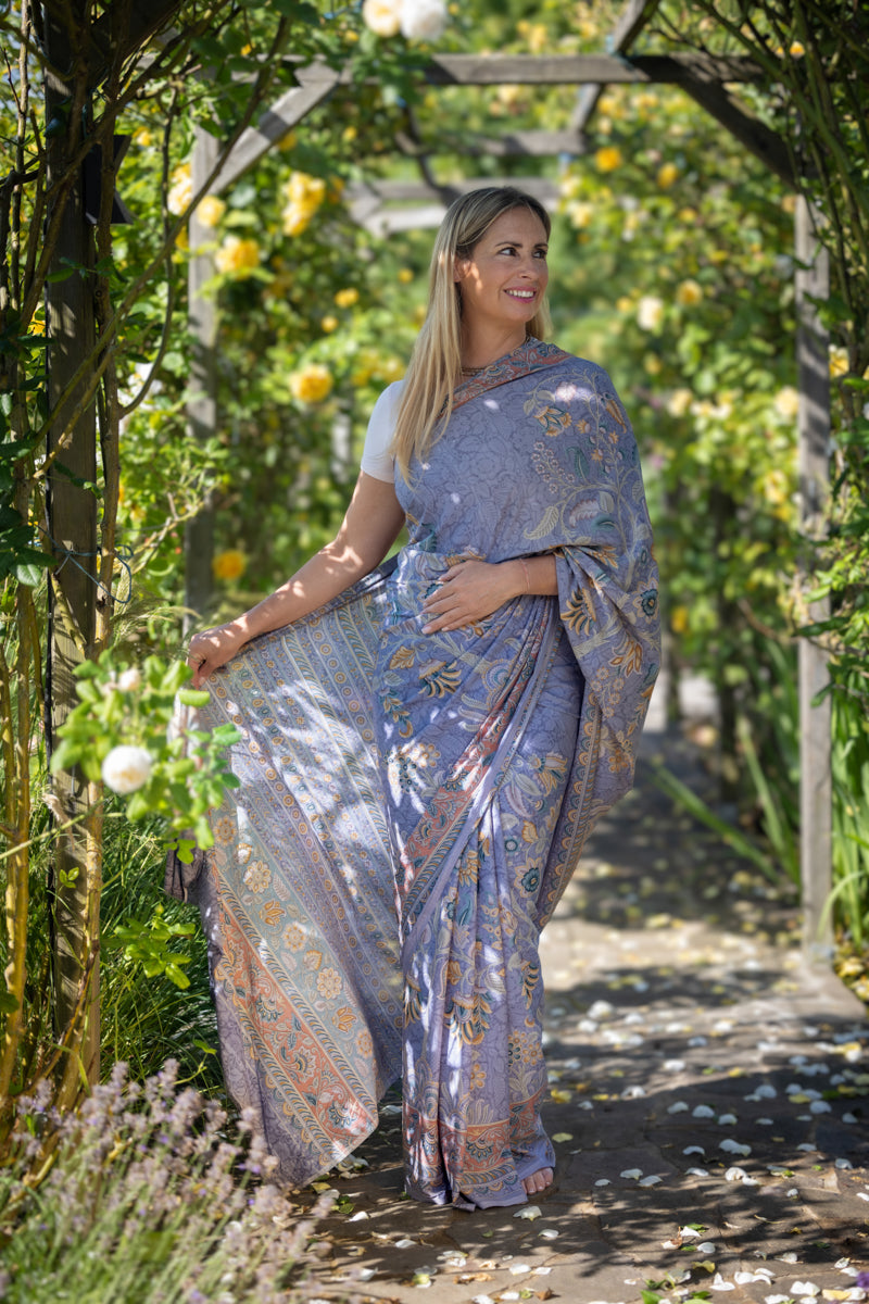 Blue-Grey Poly Crepe Silk Saree