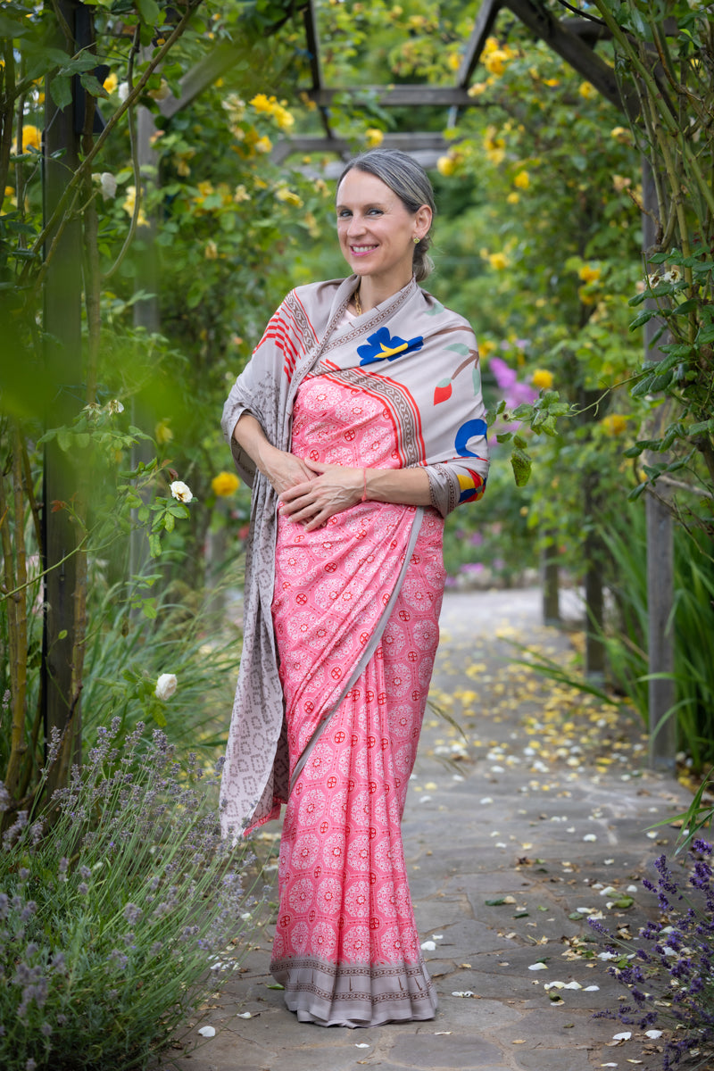 Sari in seta crepe di poliestere rosa Brink