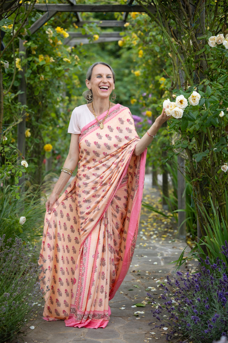 Light Peach Poly Crepe Silk Saree