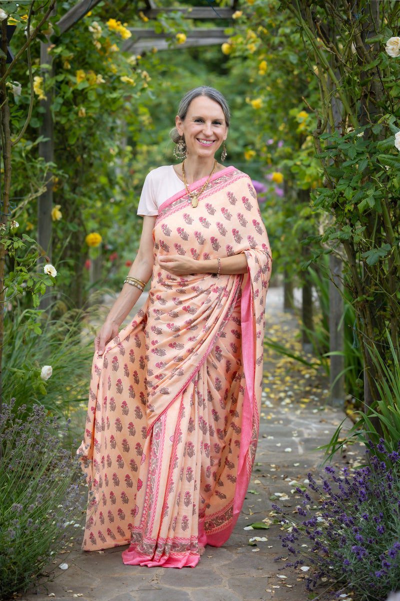 Light Peach Poly Crepe Silk Saree