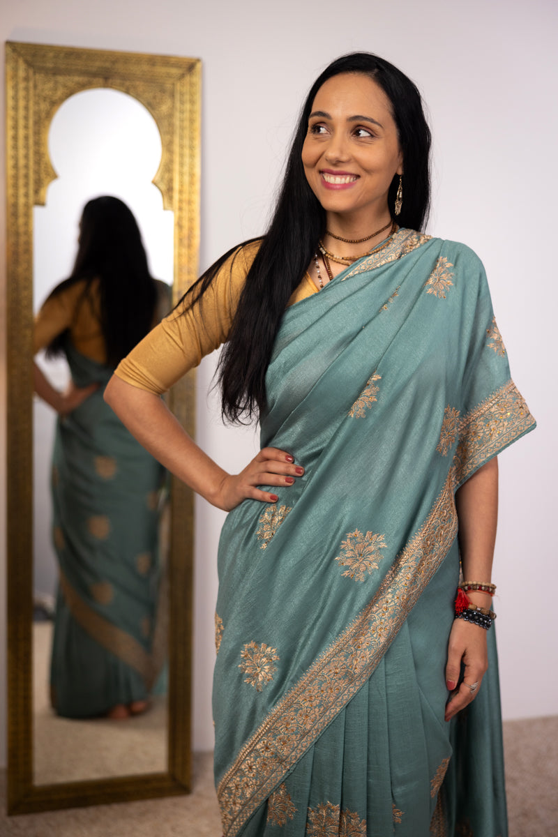 Light Sea Green Chinon Silk Saree