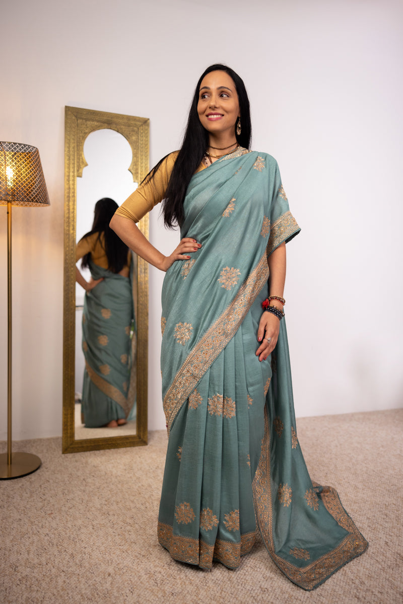 Light Sea Green Chinon Silk Saree