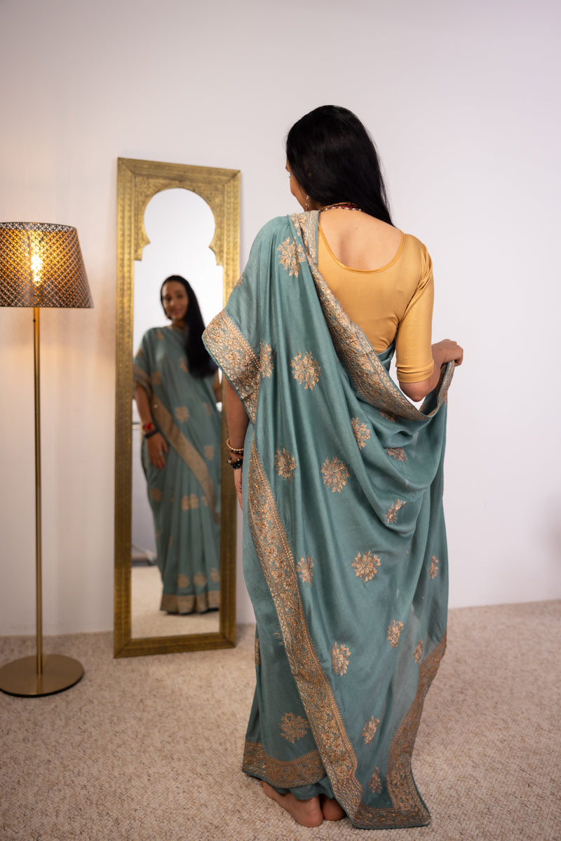 Light Sea Green Chinon Silk Saree