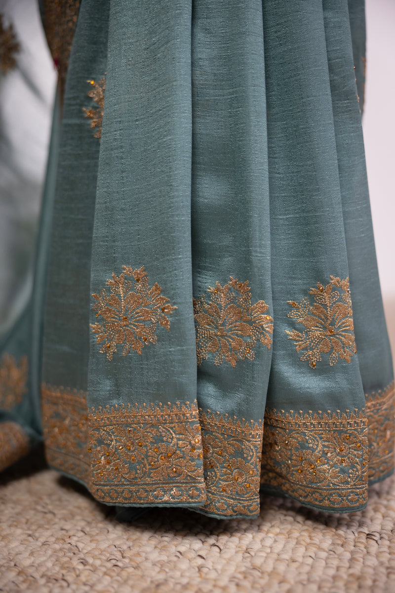Light Sea Green Chinon Silk Saree