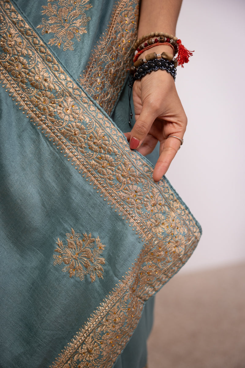 Light Sea Green Chinon Silk Saree