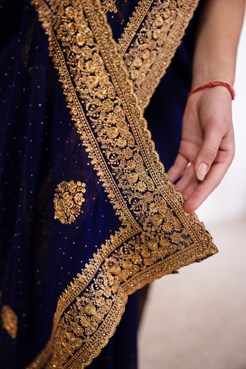 Navy Blue Embroidered Georgette Saree