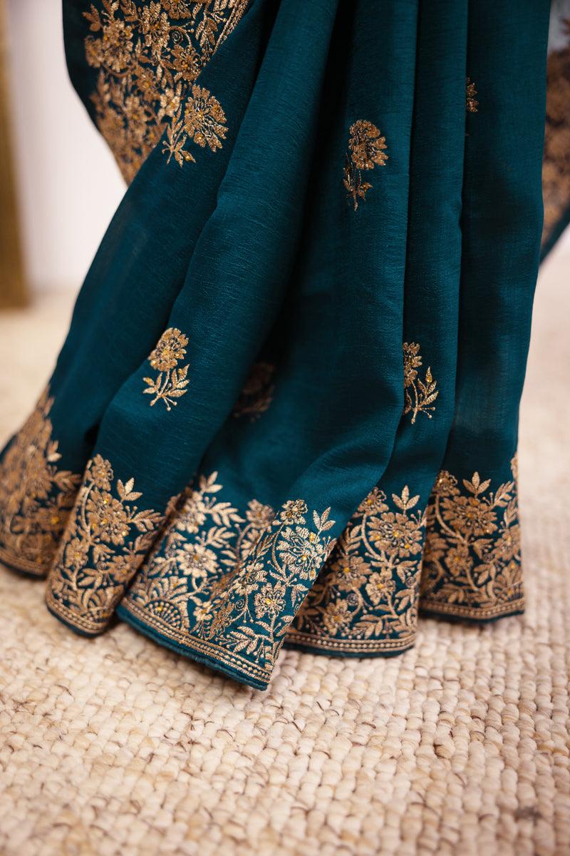 Deep Sea Green Chinon Silk Saree