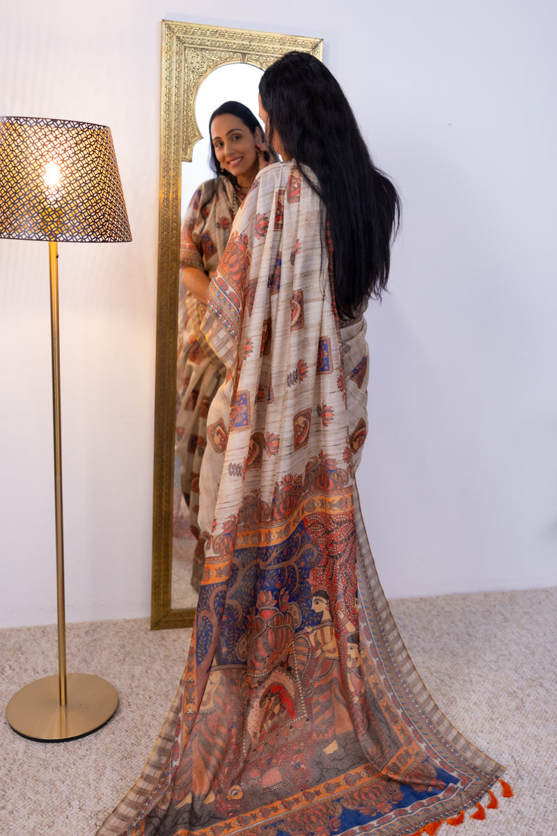 Beige Semi Tussar Saree & Madhubani Printed Pallu