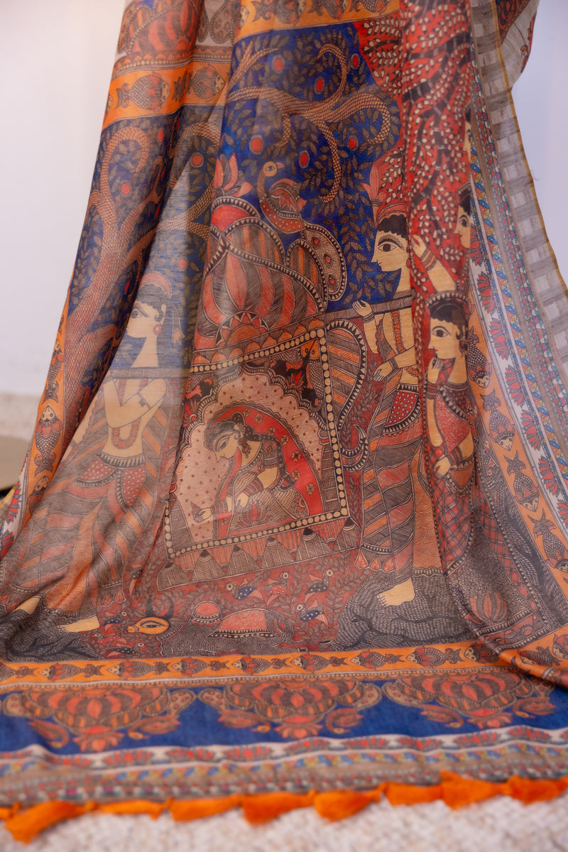 Beige Semi Tussar Saree & Madhubani Printed Pallu