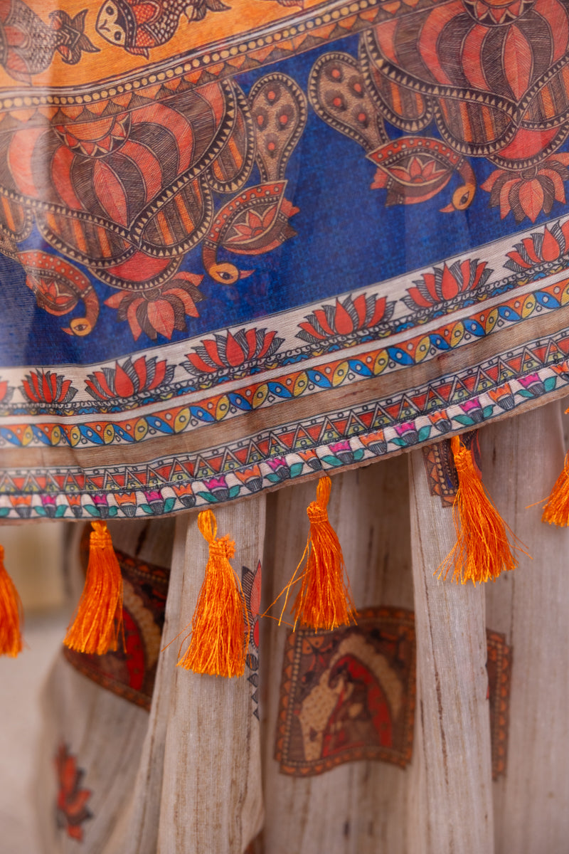 Beige Semi Tussar Saree & Madhubani Printed Pallu