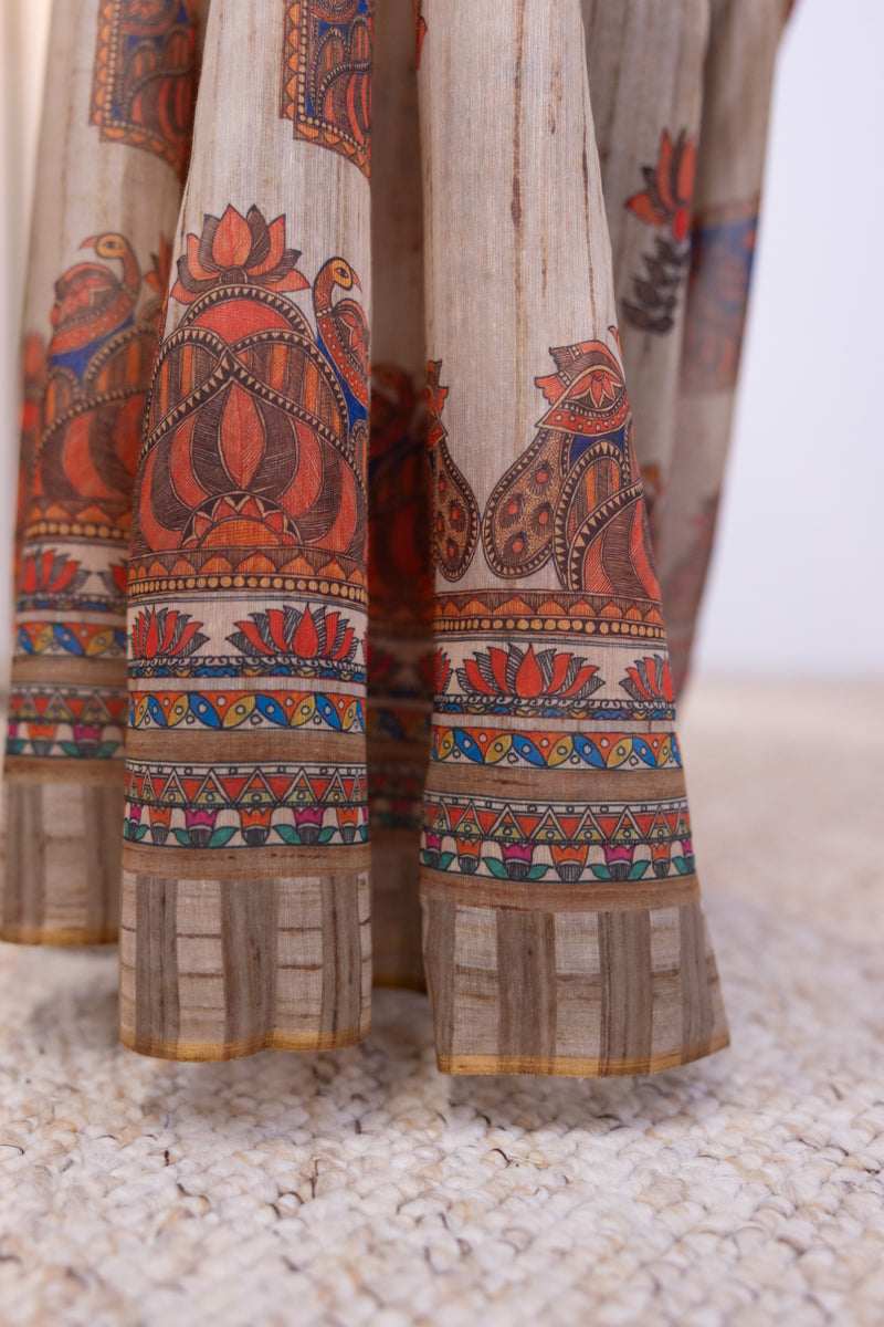Beige Semi Tussar Saree & Madhubani Printed Pallu