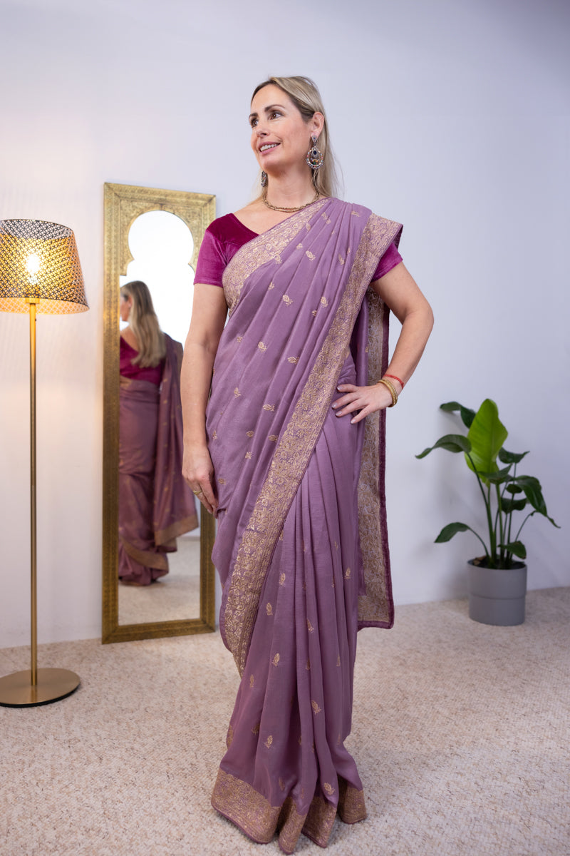 Lavender Chinon Silk Saree