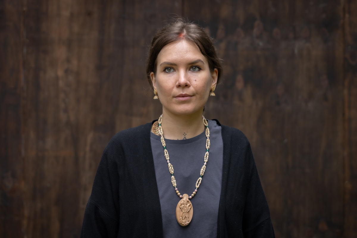 Collana KRISHNA Tulsi / Perla / Amazzonite / Argento, SRIMATI