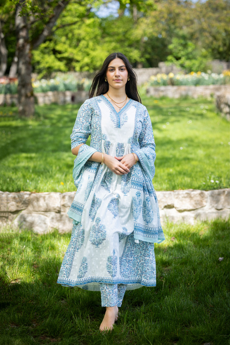 Light Blue Printed Cotton Anarkali With Pants & Dupatta