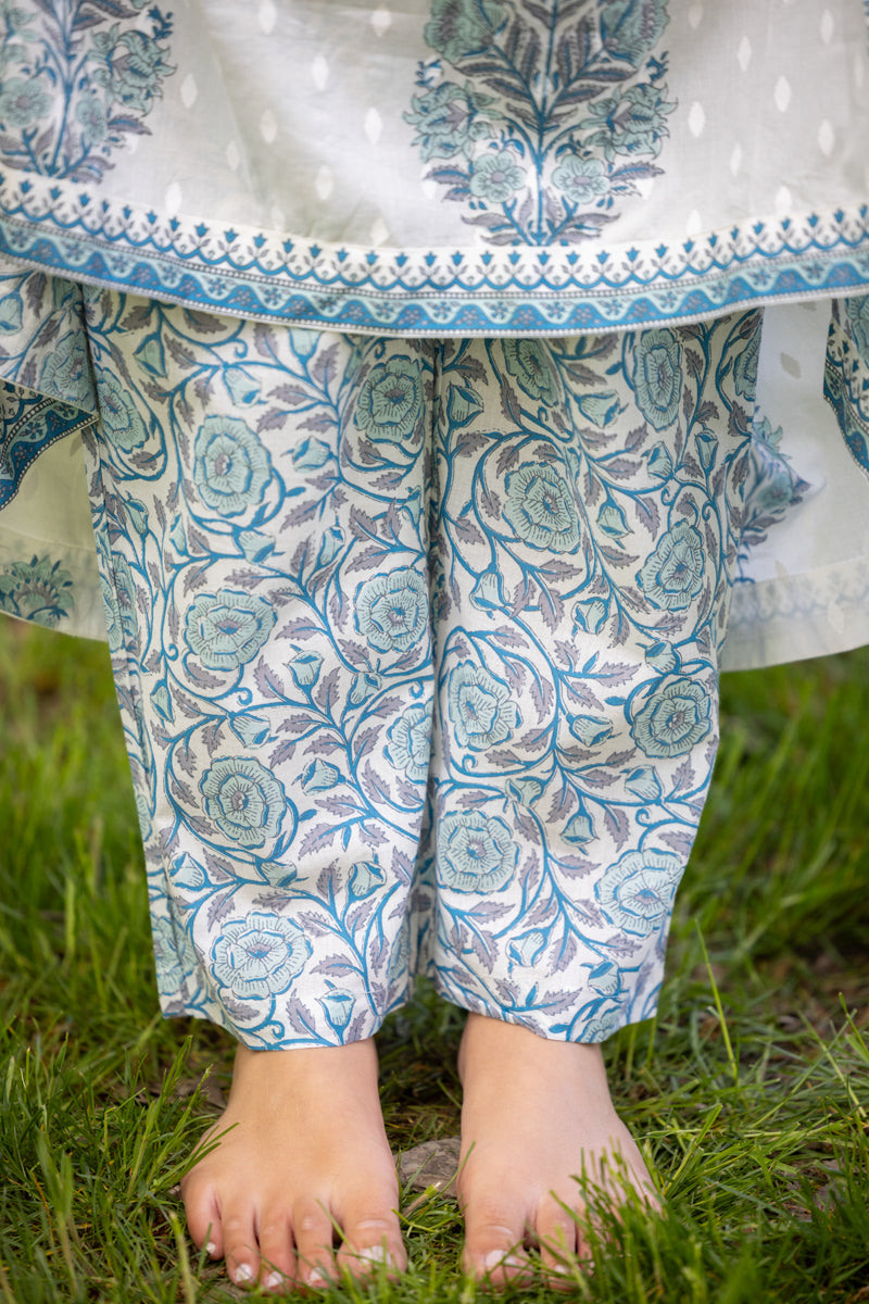 Light Blue Printed Cotton Anarkali With Pants & Dupatta