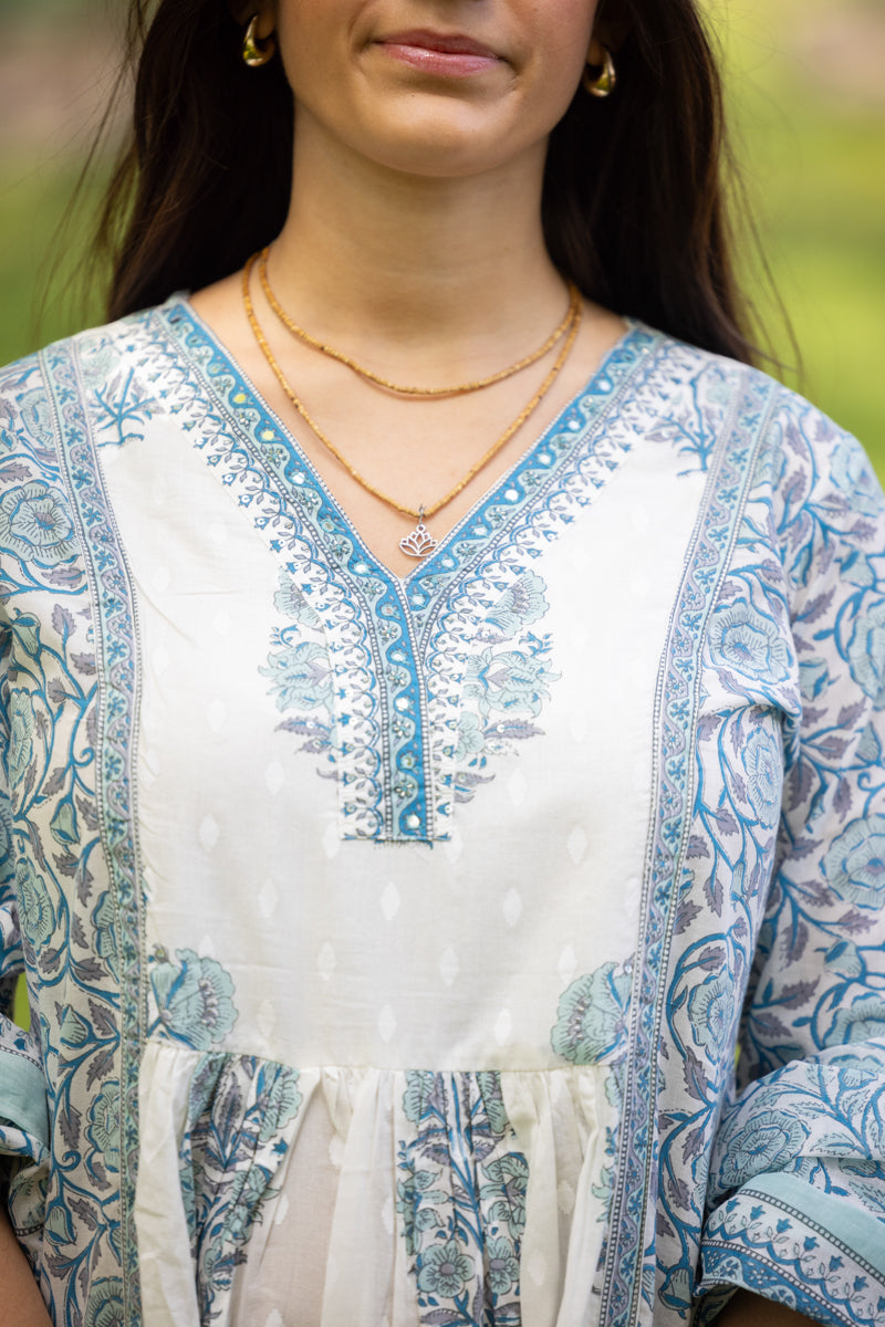 Light Blue Printed Cotton Anarkali With Pants & Dupatta