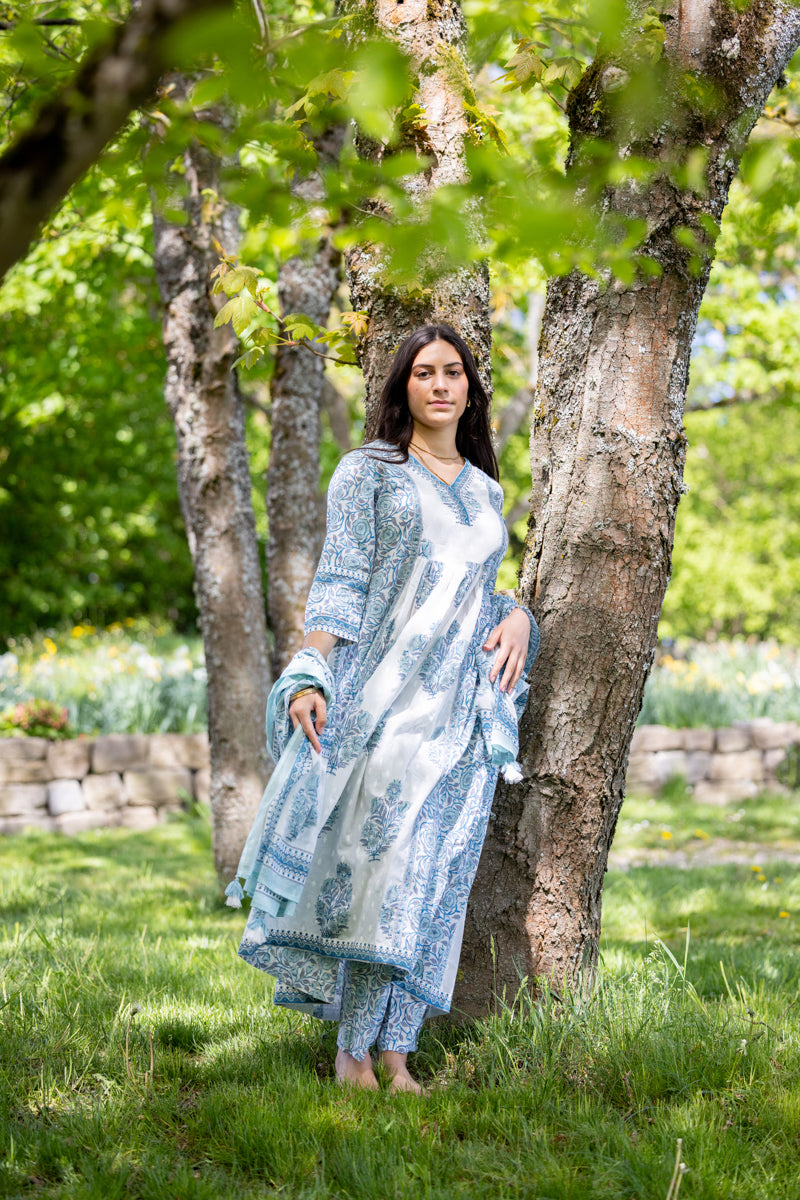 Light Blue Printed Cotton Anarkali With Pants & Dupatta