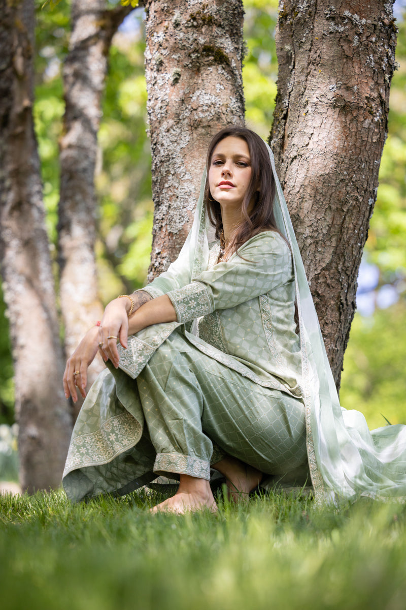 Light Mint Green Embroidered Anarkali Kurti With Pants & Dupatta