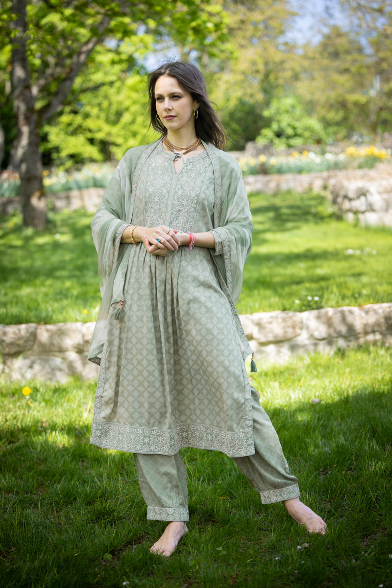 Light Mint Green Embroidered Anarkali Kurti With Pants & Dupatta