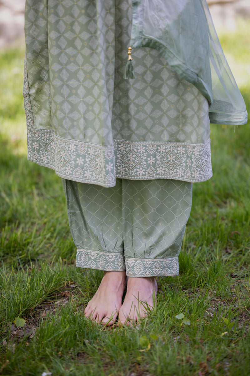 Light Mint Green Embroidered Anarkali Kurti With Pants & Dupatta