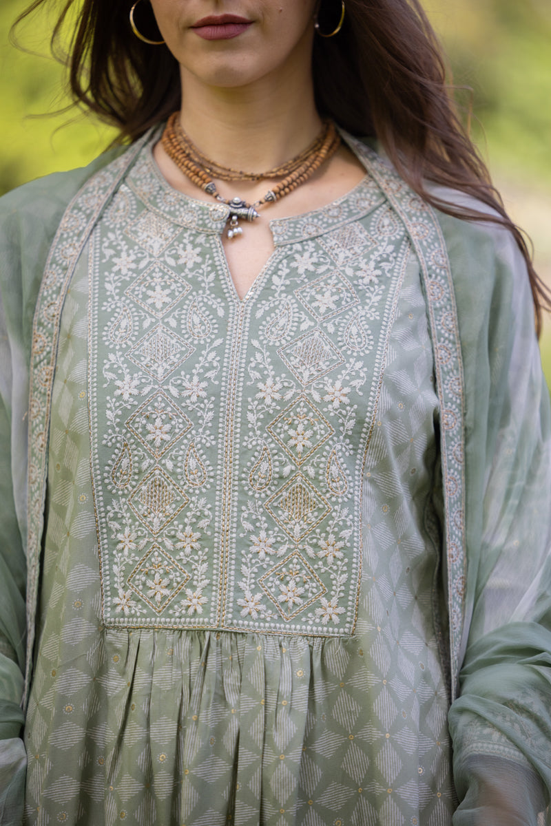 Light Mint Green Embroidered Anarkali Kurti With Pants & Dupatta