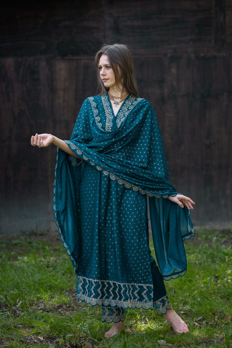 Sea Dark Blue Embroidered Anarkali Kurti With Pants & Dupatta